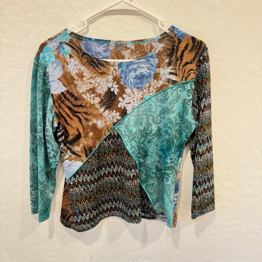 Y2K Caia Blouse Women’s Large Patchwork Mixed Pattern Metallic Cropped Vintage